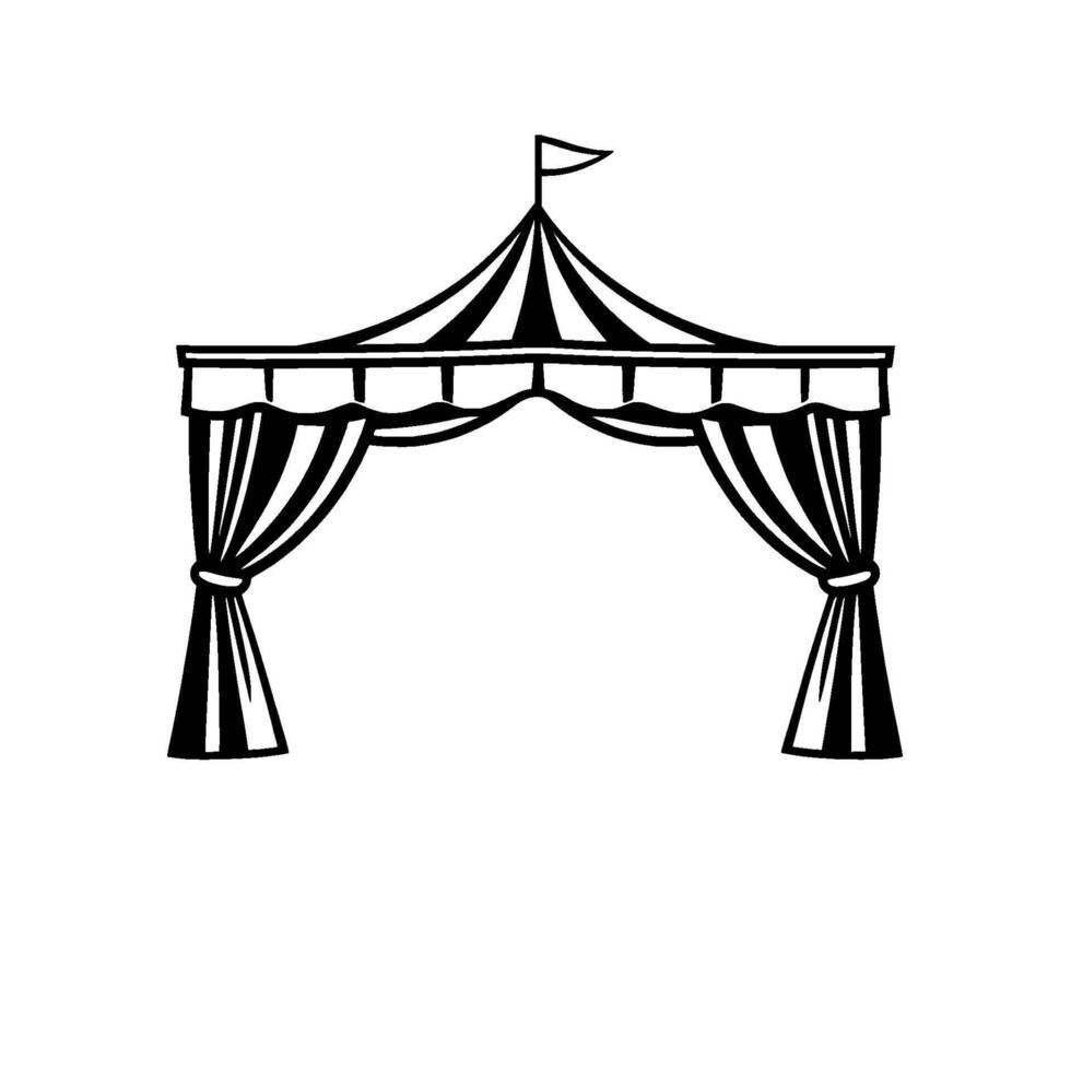 black and white illustration of a stylized circus tent entrance, featuring striped canopy and draped curtains. vector