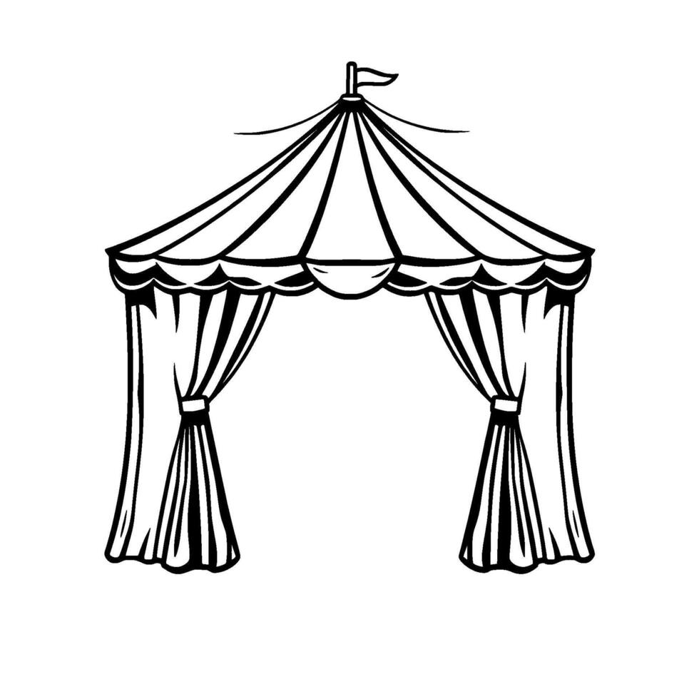 detailed black and white line art illustration of a circus tent with curtains and a flag atop the canopy vector