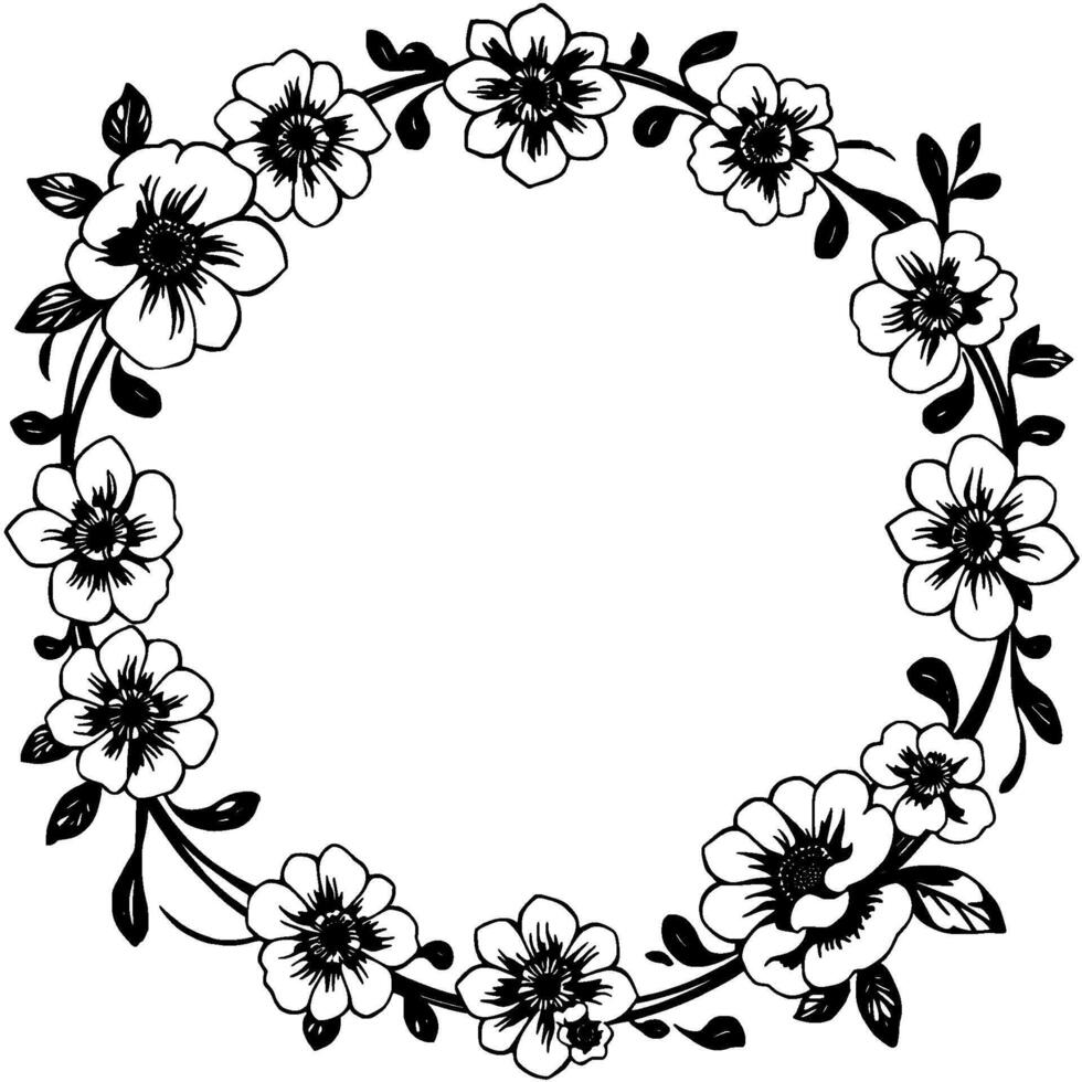 elegant black and white floral wreath illustration, featuring stylized flowers and leaves arranged in a circular frame. vector