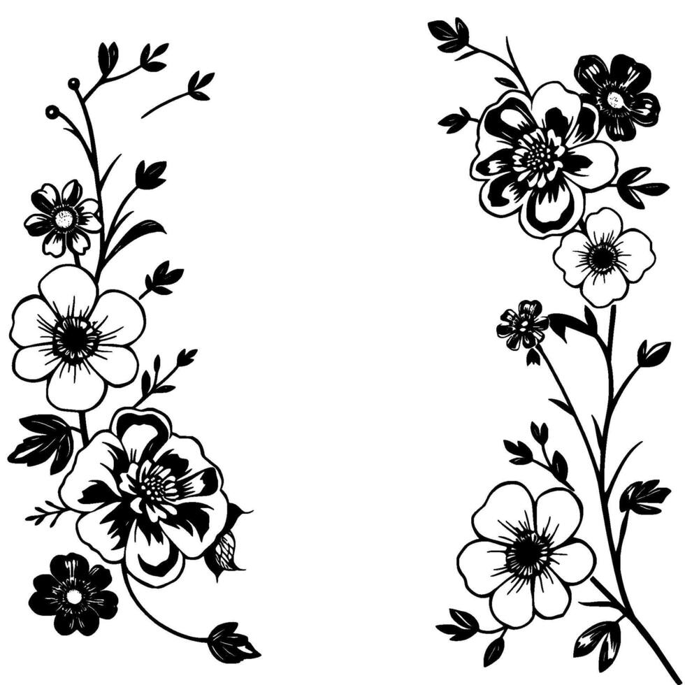 elegant black and white floral featuring detailed outlines of flowers, leaves, and stems creating a symmetrical border on white. vector