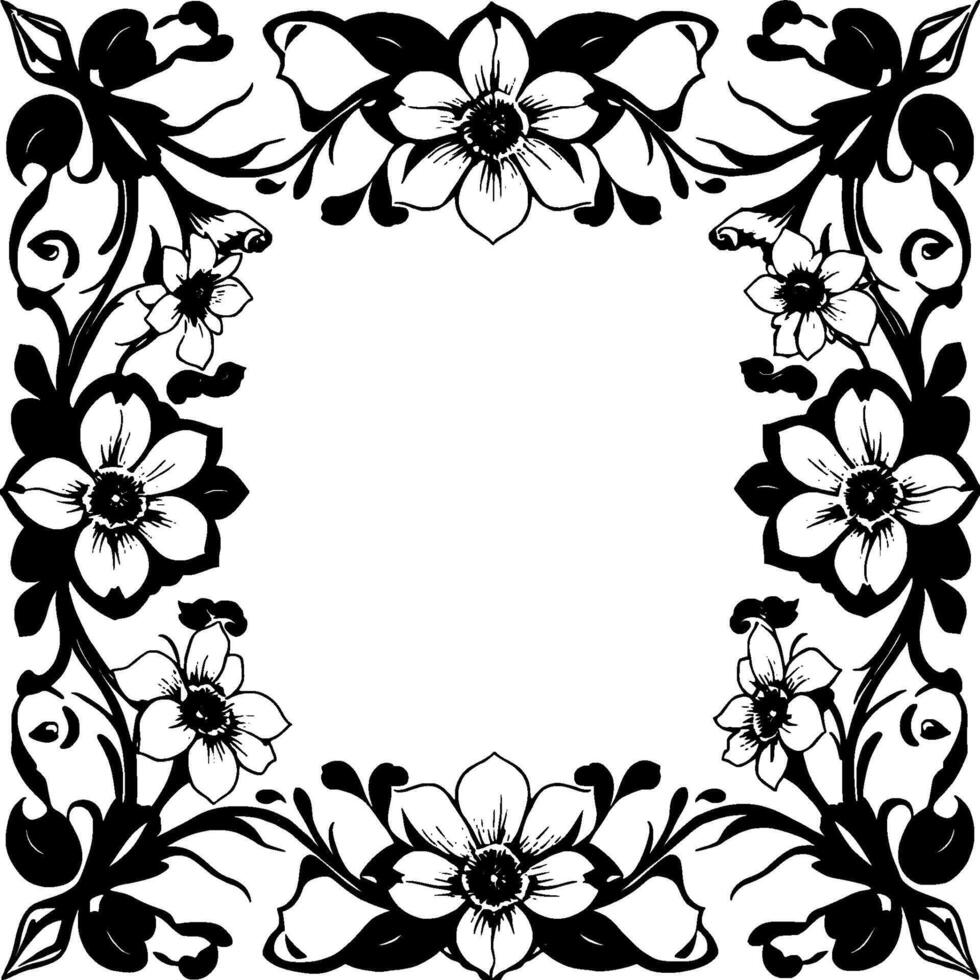 elegant black and white floral border a symmetrical composition of stylized flowers, leaves, and swirls encircling a blank white space. vector