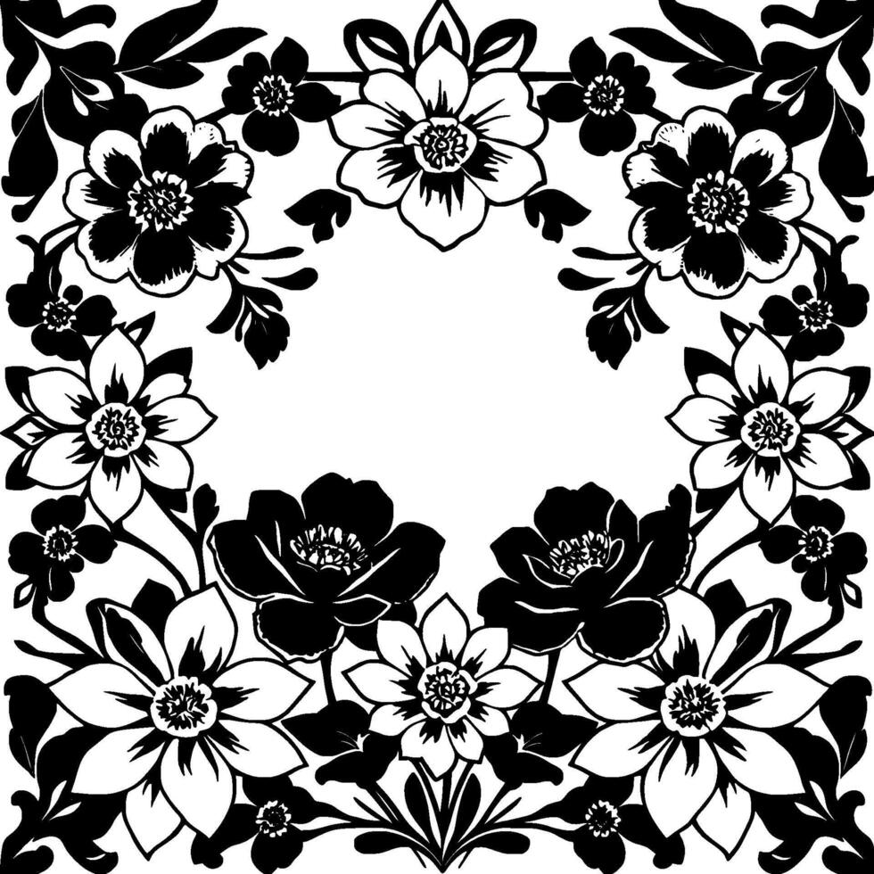symmetrical black and white floral arrangement, forming a frame with diverse flower types and leaves. vector