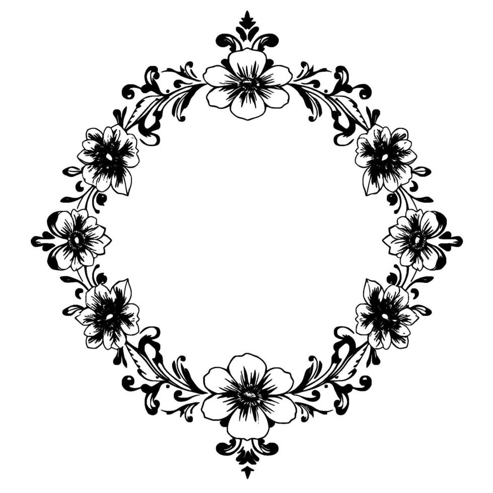 black and white floral rhombus frame, detailed pen and ink illustration for element. vector