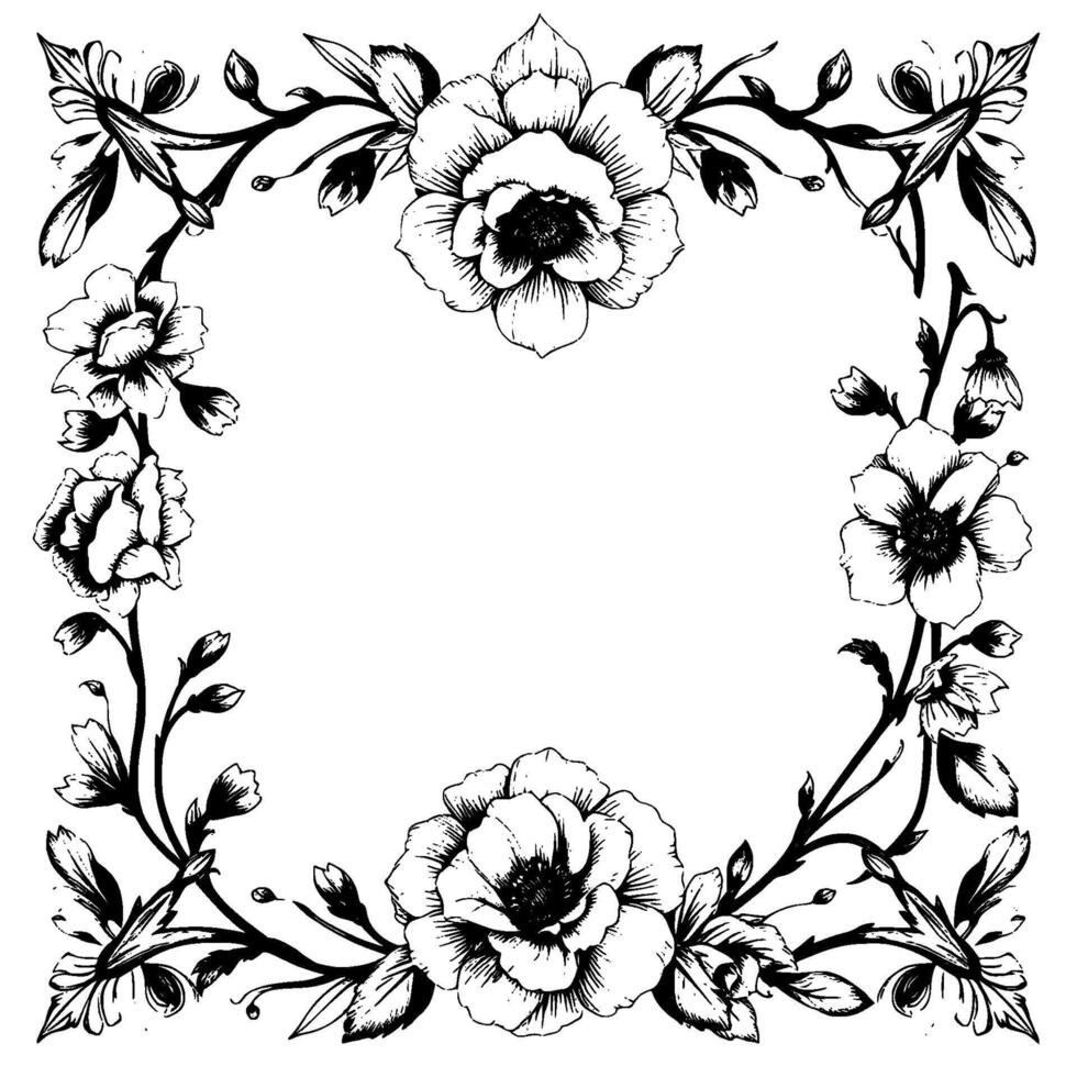 elegant floral frame black and white ink illustration featuring detailed roses, buds, and leaves creating a symmetrical border. vector
