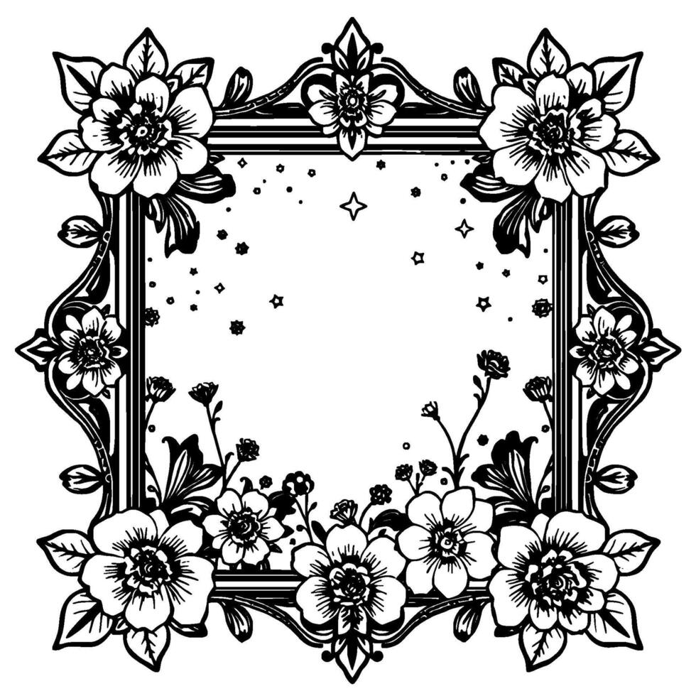 ornate black and white floral frame with botanical border and celestial accents, a blank canvas. vector