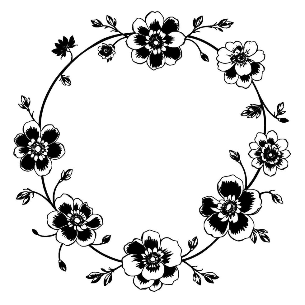 elegant black and white floral wreath detailed handdrawn flowers and leaves arranged in a circular frame, perfect for decorative designs. vector