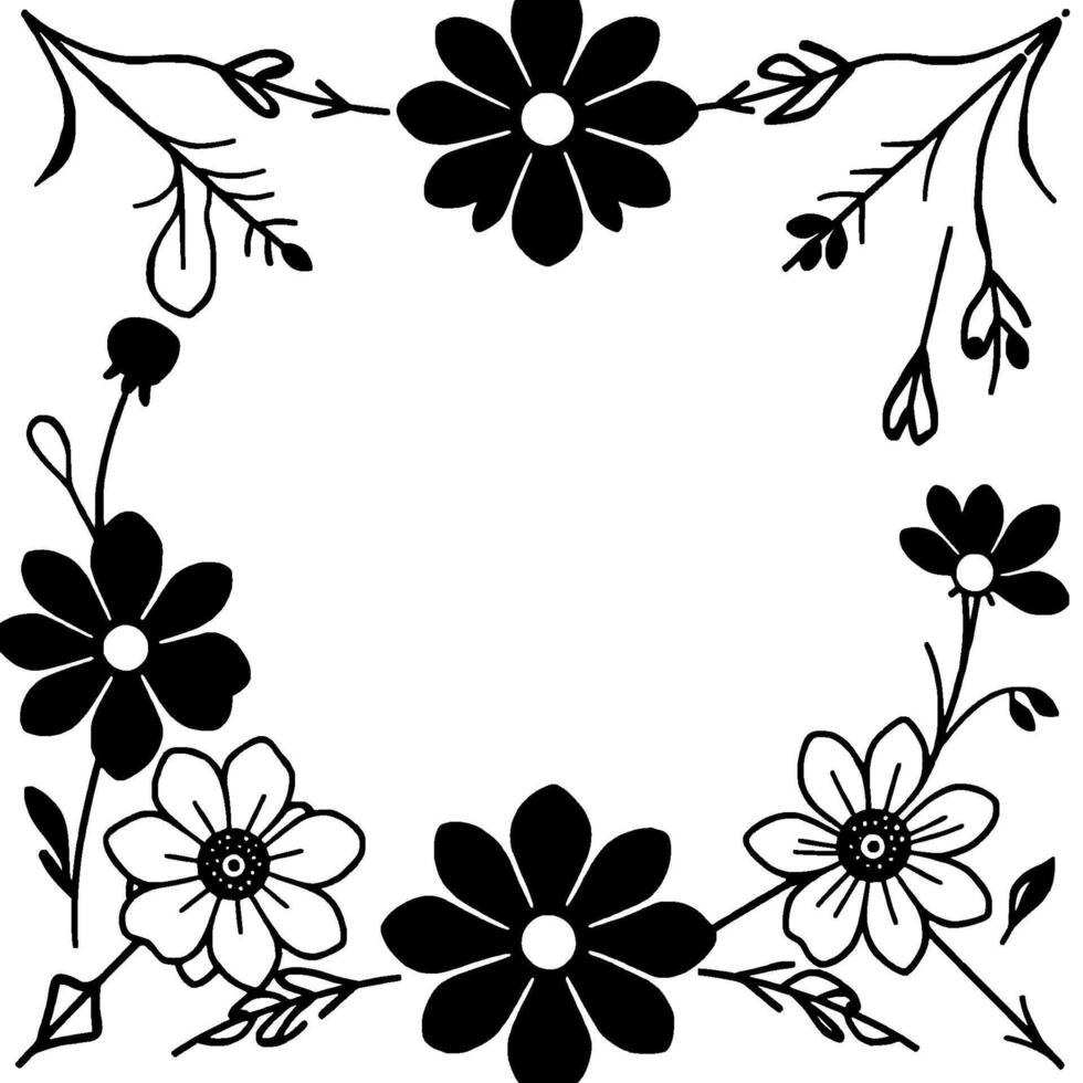 elegant, symmetrical floral frame, showcasing a contrast of black and white stylized daisies and foliage against a clean background. vector