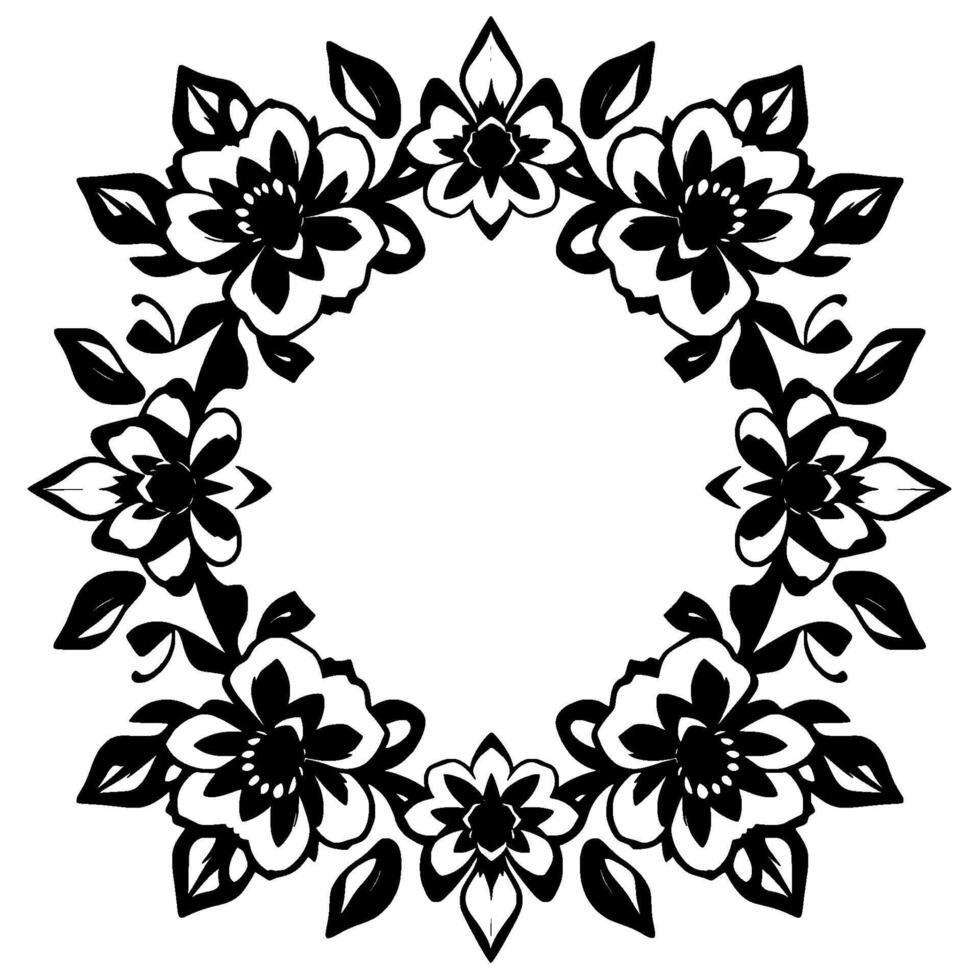 elegant black and white floral wreath with detailed blooms and leaves, forming a circular ornamental on a blank white background. vector
