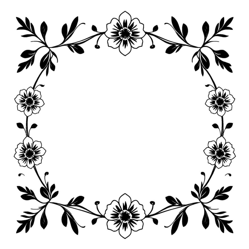 elegant black and white floral frame with blossoms, leaves, and delicate vines for decorations or elements vector