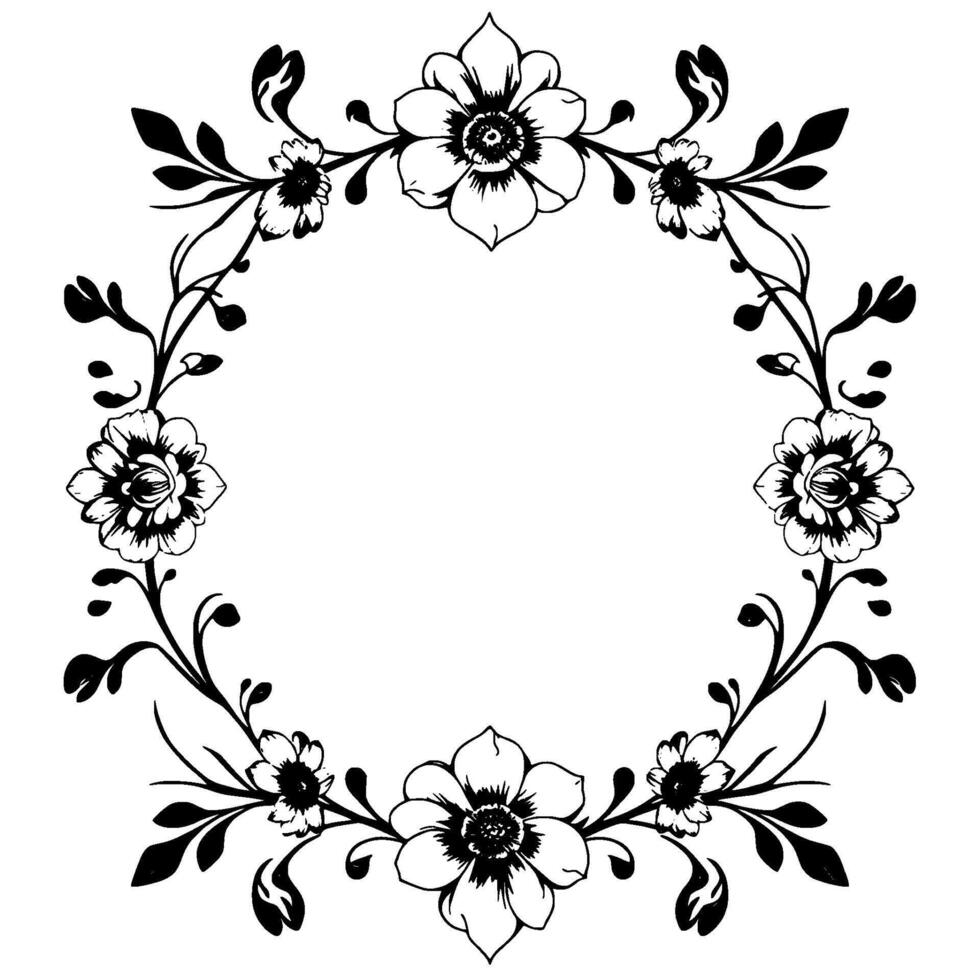 elegant floral wreath in black and white detailed illustration of flowers, leaves, and vines forming a circular border. vector