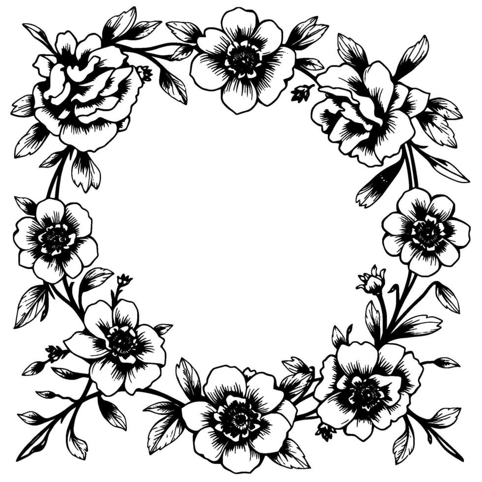 intricate black and white floral wreath with detailed petals and leaves, creating a delicate and elegant circular composition. vector