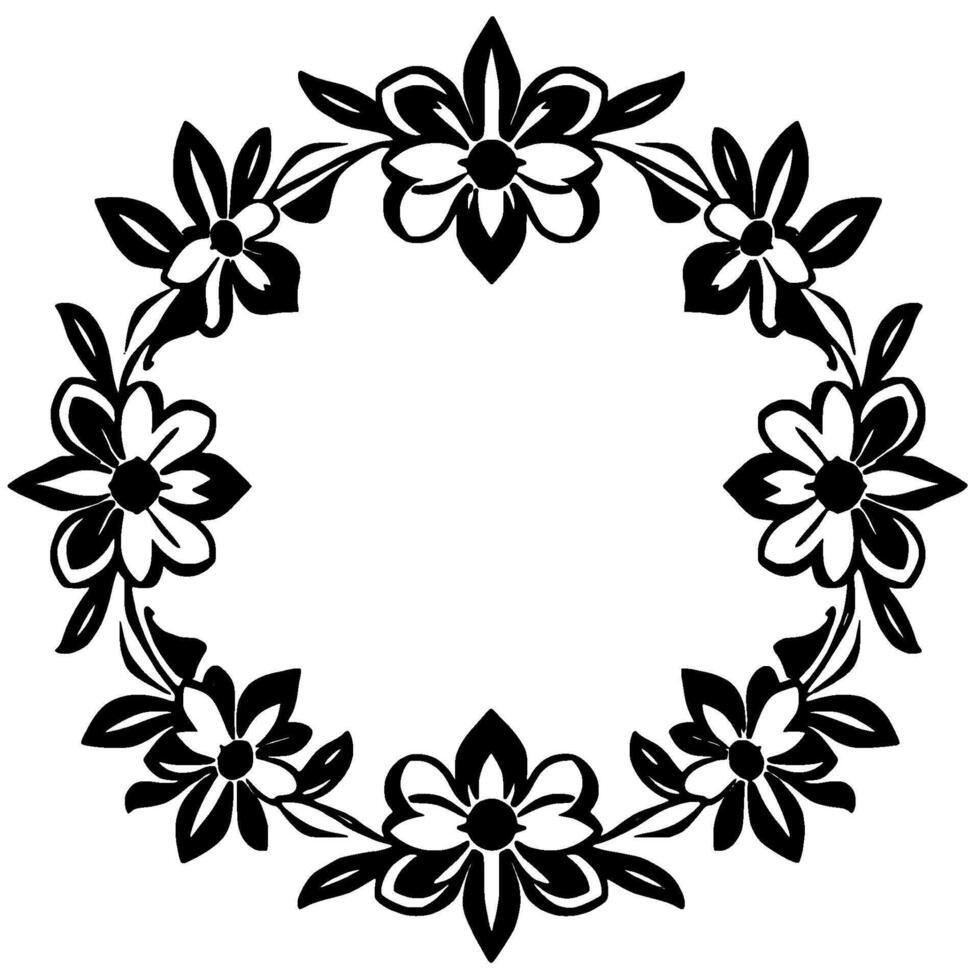 elegant black and white floral wreath, circular with intricate flower and leaf details, isolated on white. vector