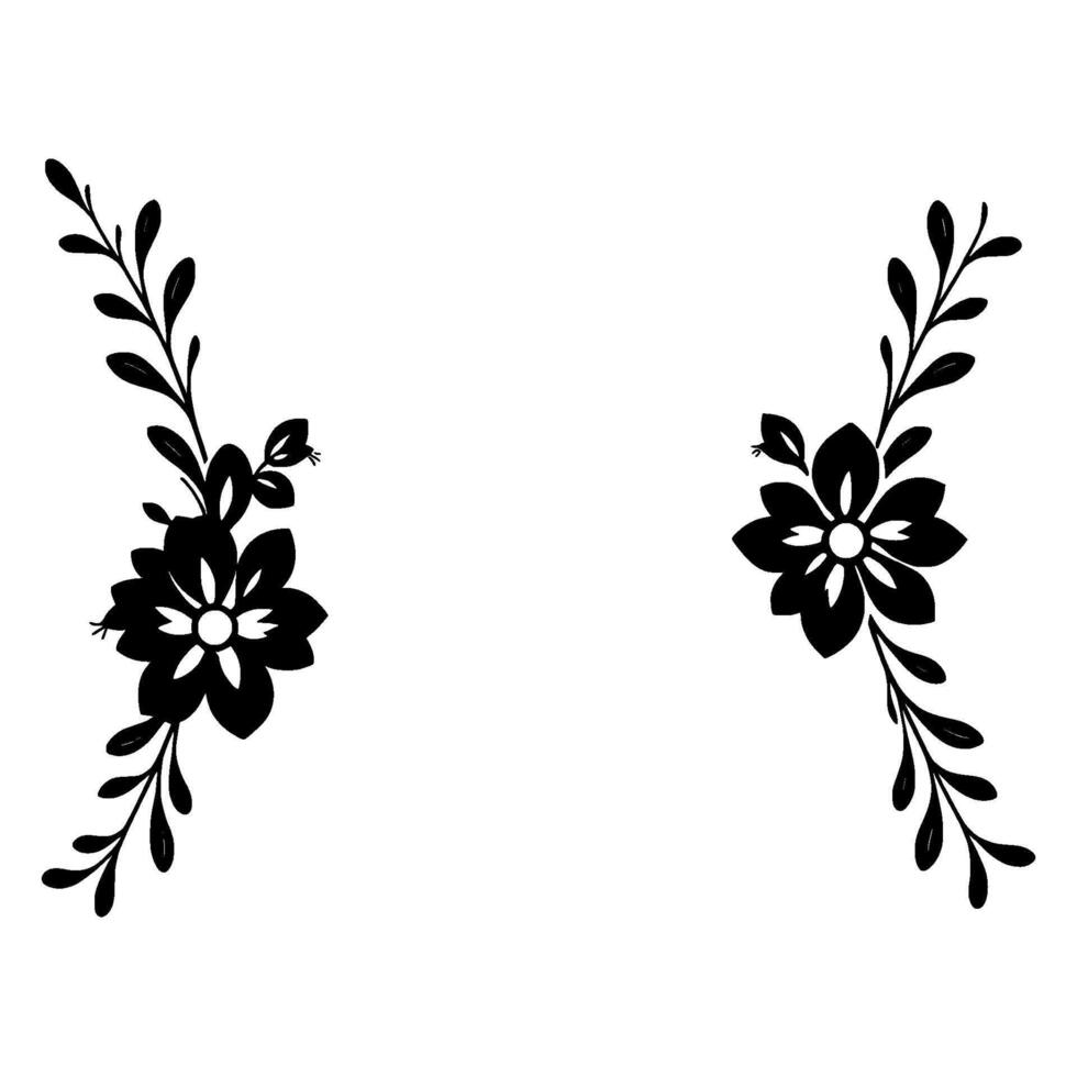 symmetrical black floral border featuring detailed petals, delicate leaves, and white backdrop. vector