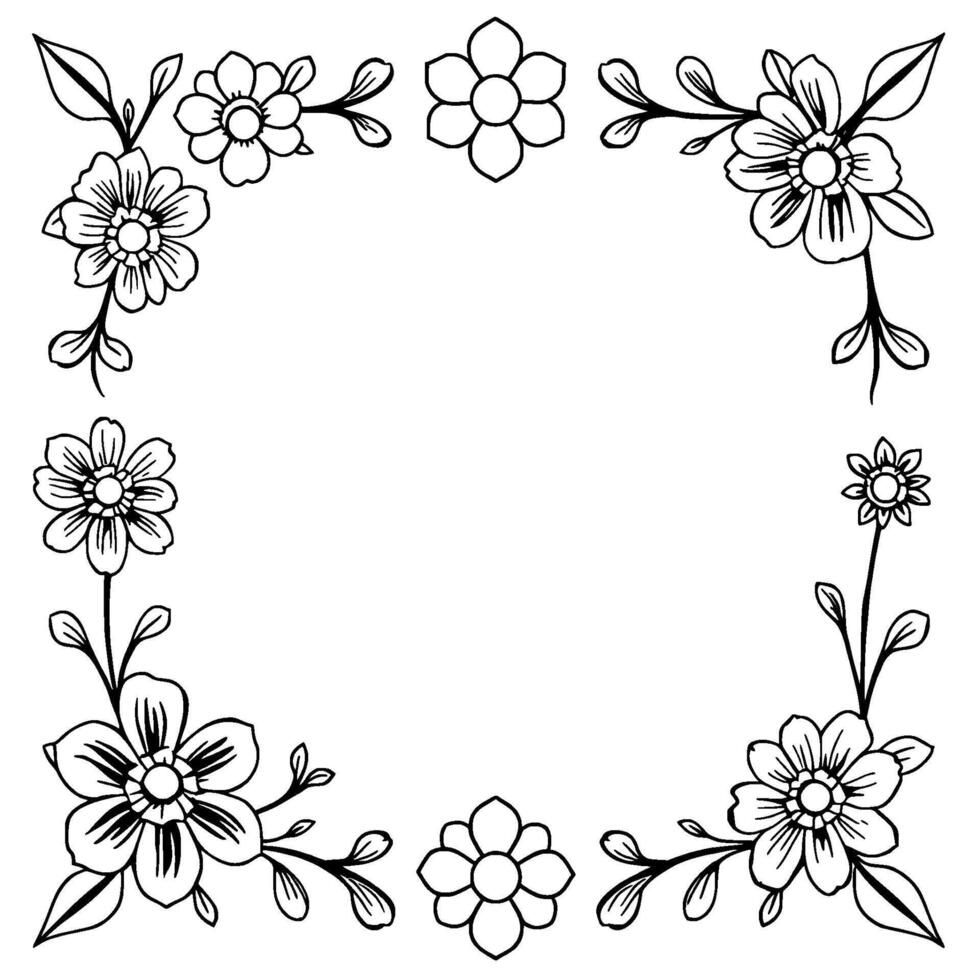 intricate floral border a symmetric black and white line art featuring stylized flowers and leaves, creating a decorative frame. vector