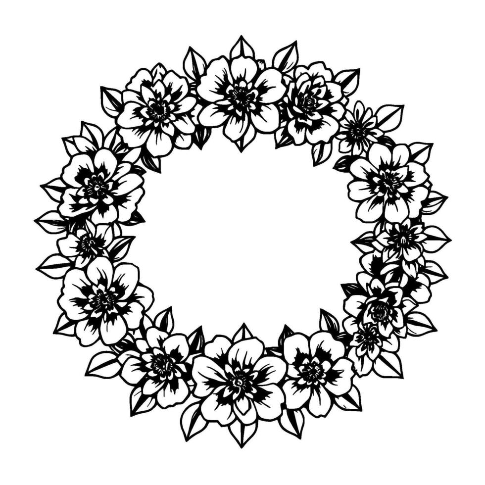 a symmetrical black and white floral wreath, featuring detailed stylized flowers and leaves arranged in a circular pattern. vector