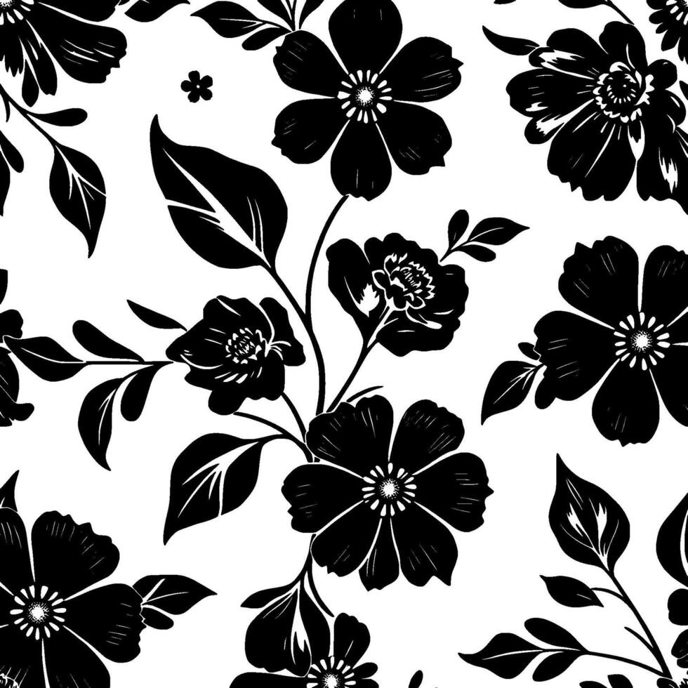 monochrome floral pattern repeating silhouettes of flowers and leaves on white background for seamless . vector