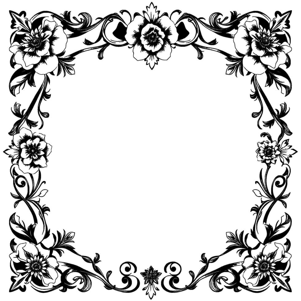 intricate black and white floral frame featuring detailed petals, swirls, and decorative flourishes, isolated on white. vector