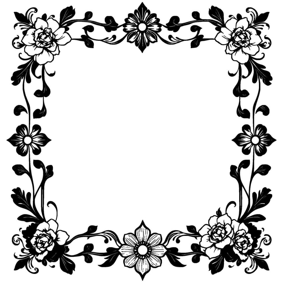 elegant black and white floral frame featuring roses, daisies, and vines for decorative or artistic applications. vector
