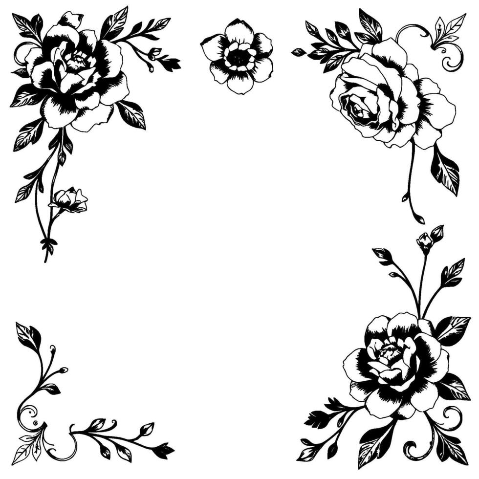 elegant black and white floral corner border with roses, leaves, and decorative flourishes on a clean white background vector