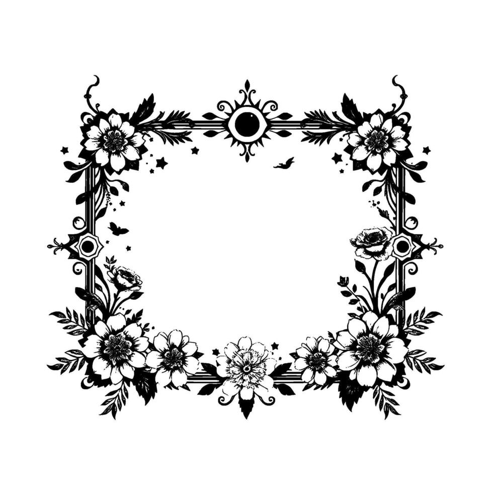 intricately detailed black and white floral frame with ornate elements, eye symbol, and delicate accents. vector