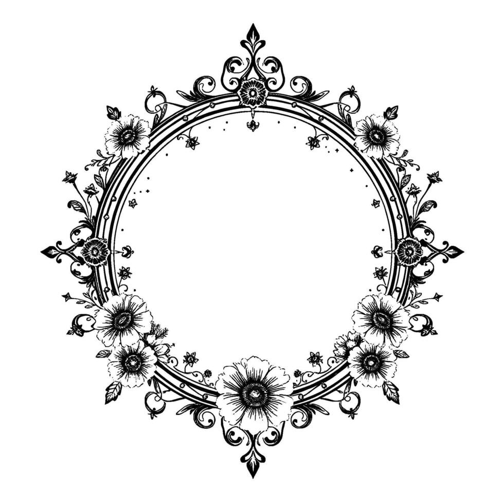 elegant handdrawn floral frame in black and white featuring detailed flowers, vines, and intricate scrollwork border, perfect for invitations. vector