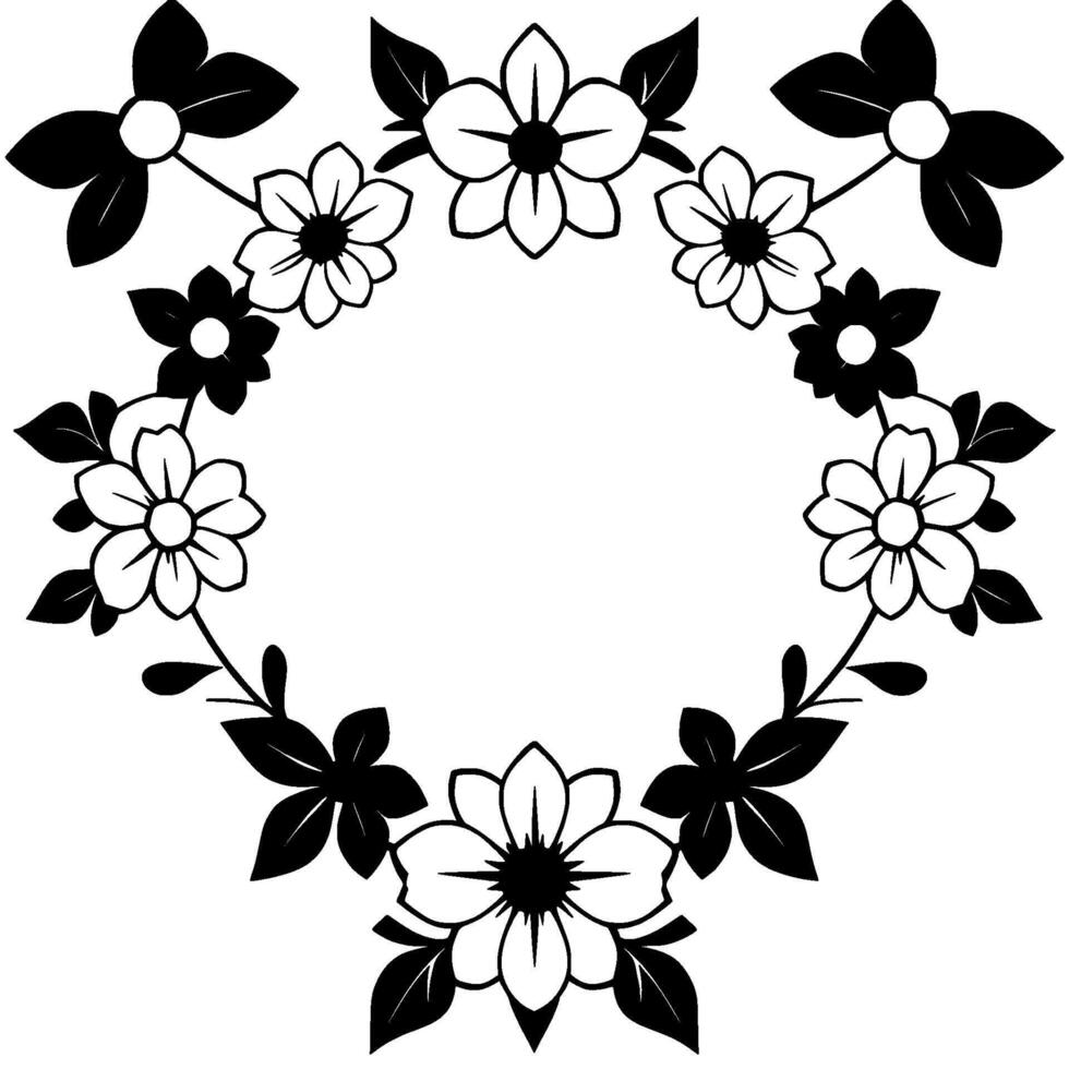 elegant black and white floral wreath illustration, arranged in a circular with varied flower types and leaf detailing, on a clean white background. vector