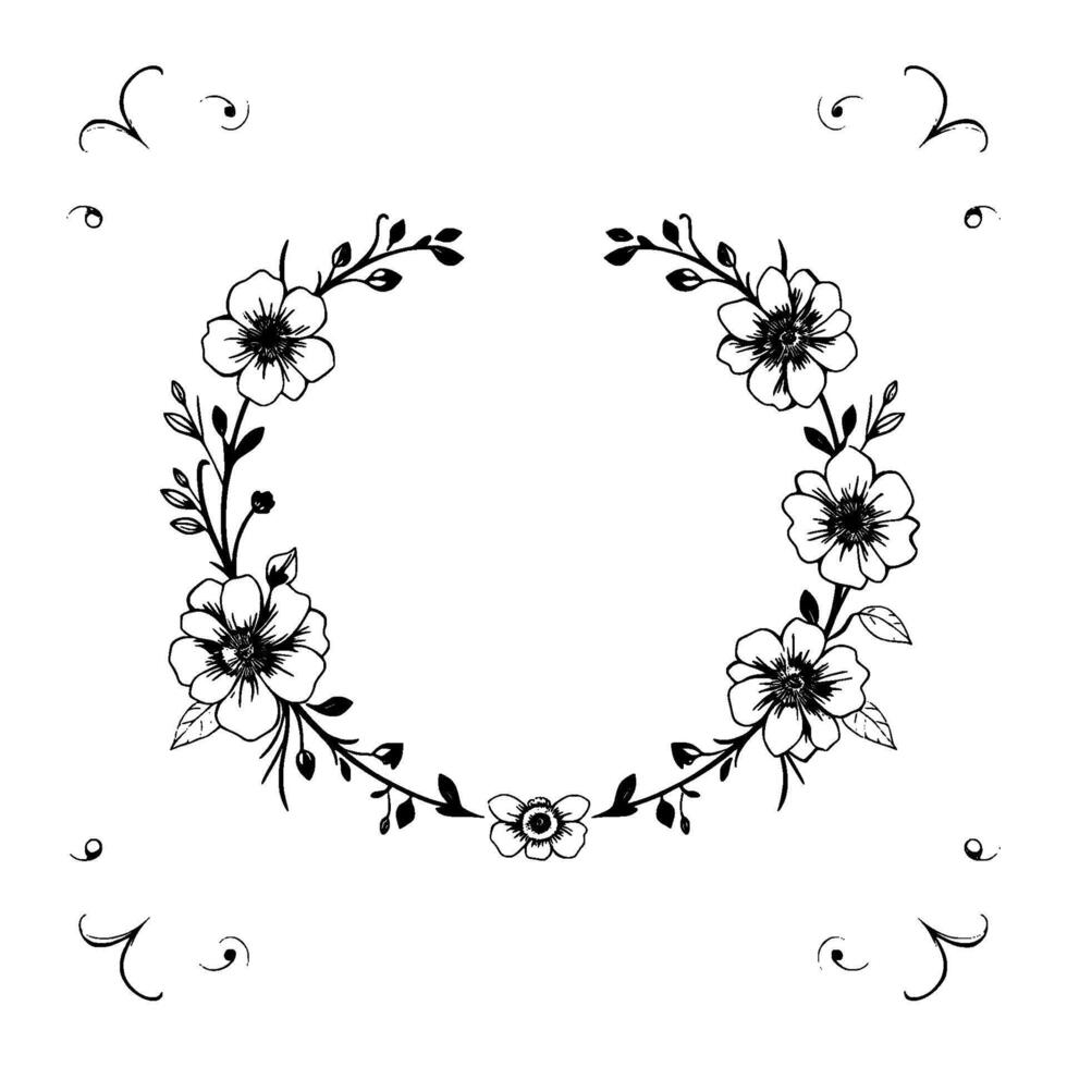elegant monochrome floral wreath illustration with detailed flowers and decorative flourishes on a white background. vector