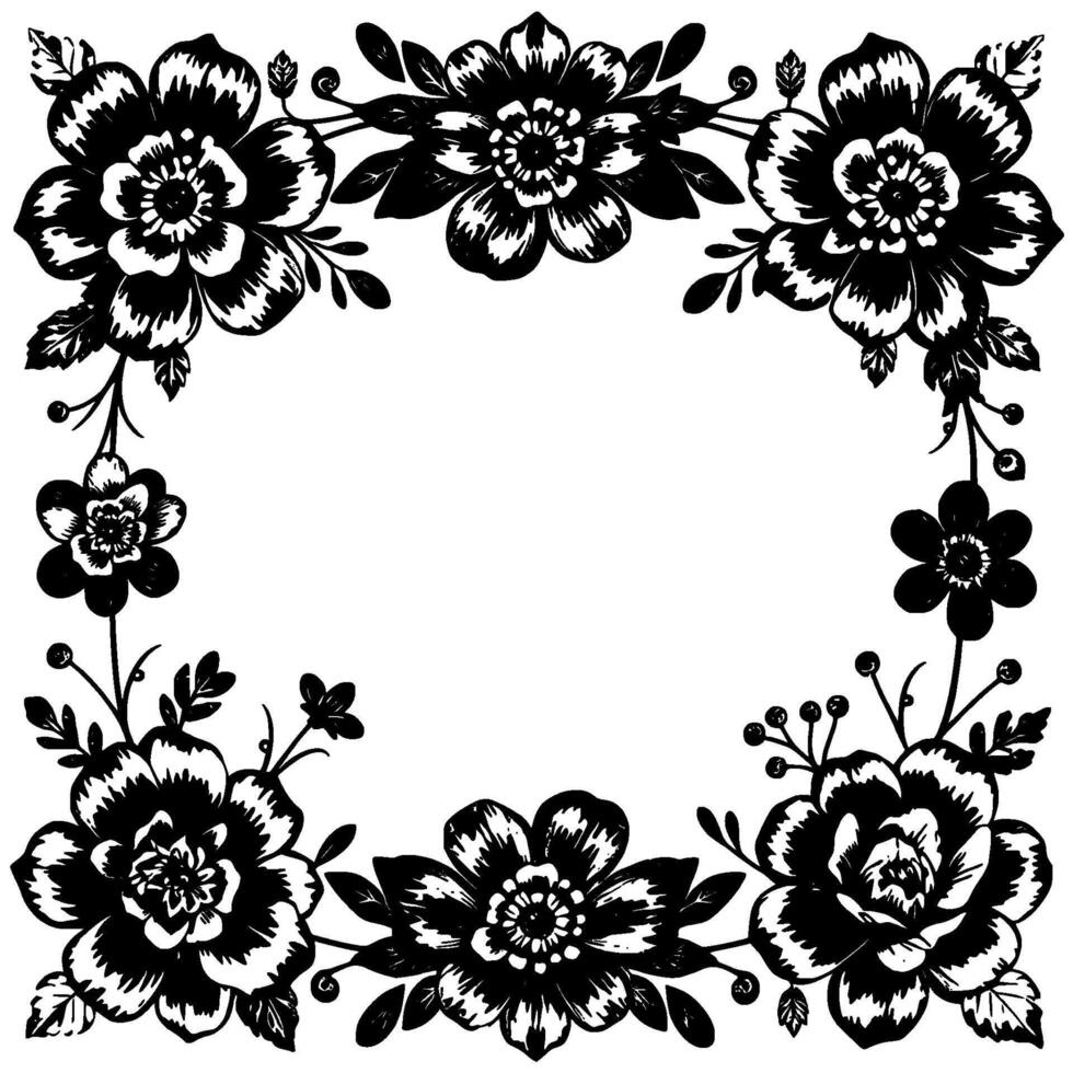 intricate black and white floral frame detailed pen ink drawing with bold contrast and botanical arrangement. vector