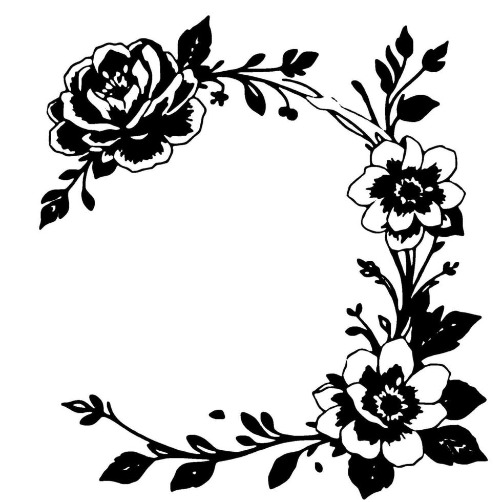 elegant black and white floral border with roses, leaves, and daisylike elements in a curved arch composition on white. vector