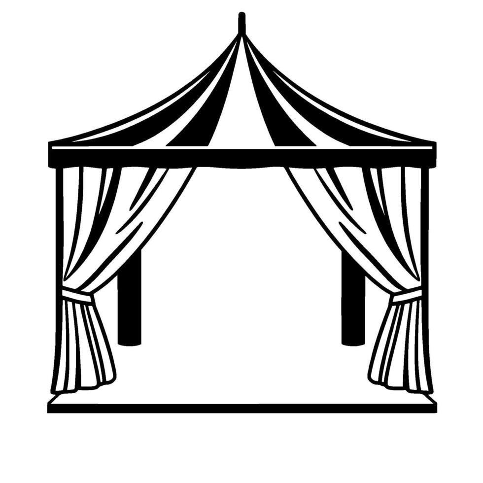 black and white minimalist gazebo illustration with curtains and canopy, perfect for event . vector