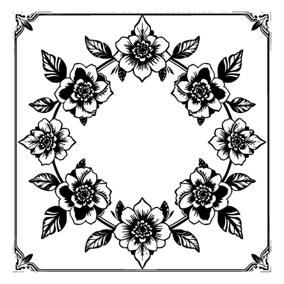 elegant black and white floral wreath with decorative border, featuring detailed petals and leafy accents, creating a circular frame on a white background. vector