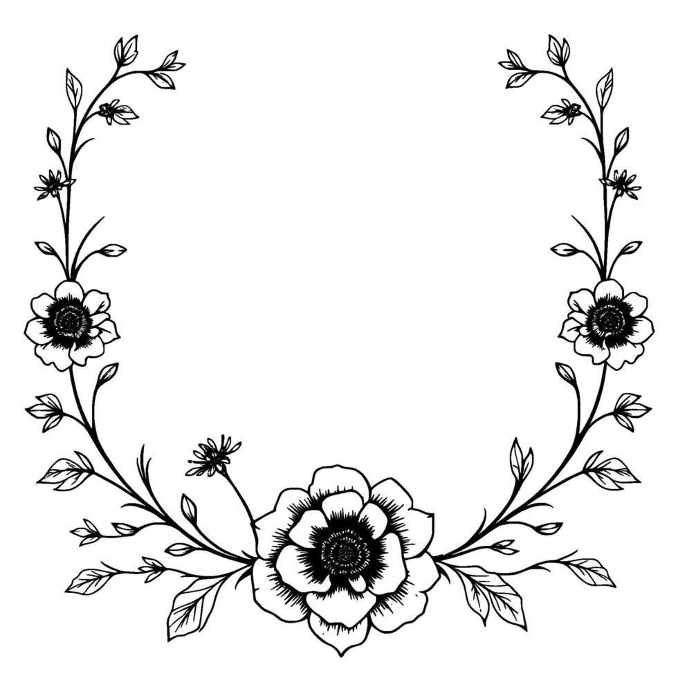 elegant black and white floral wreath botanical line art, featuring detailed flowers, leaves, and delicate buds. vector