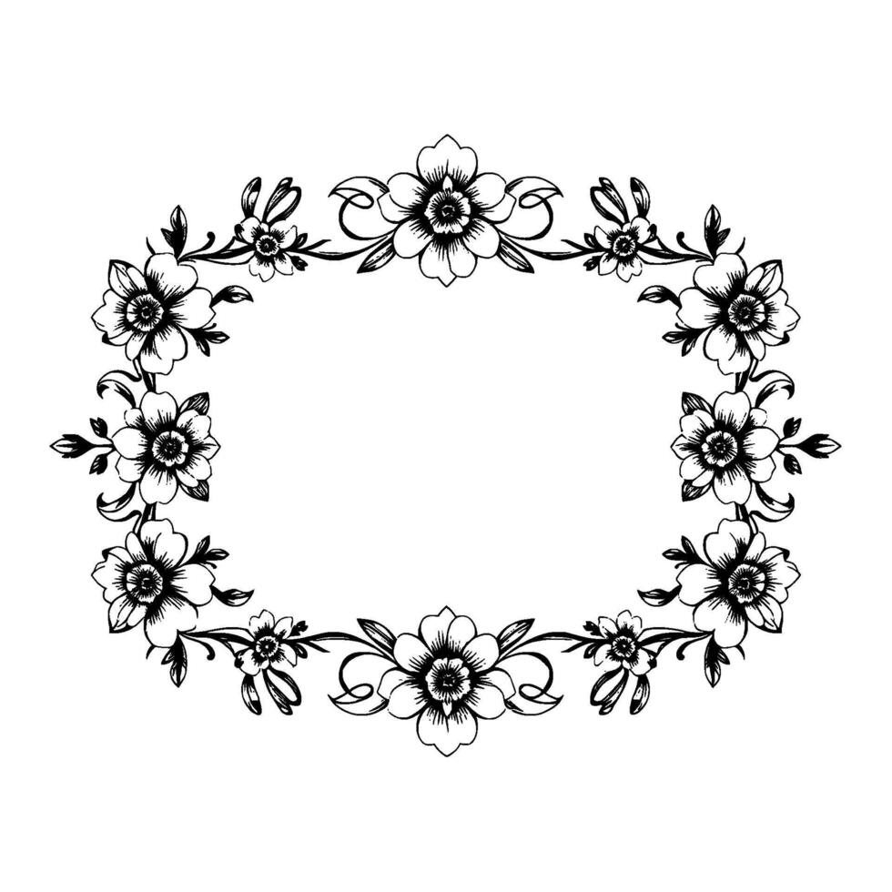 elegant floral oval frame illustration, rendered in intricate black and white botanical line art, isolated on a clean white background. vector