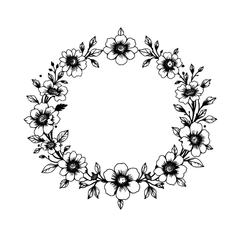 delicate handdrawn floral wreath in black and white, perfect for framing or decorative . vector