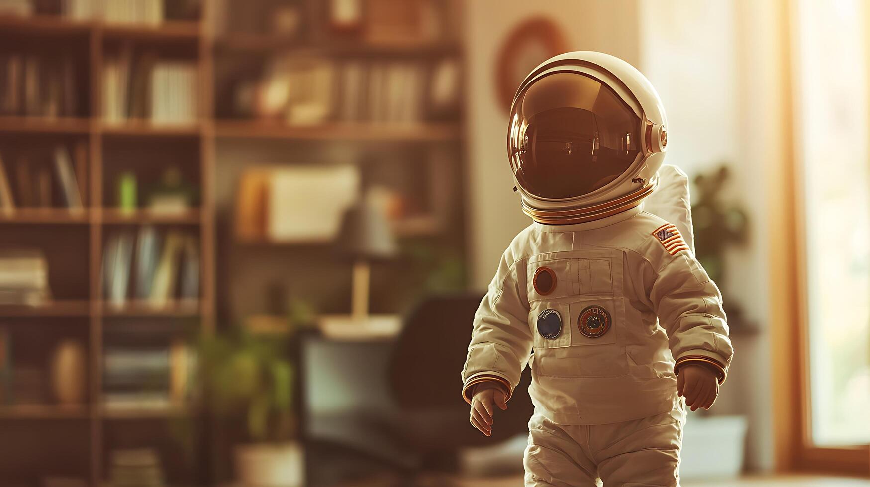 Young child dressed in astronaut suit dreaming of space exploration and future adventures standing in cozy living room with a bookcase photo