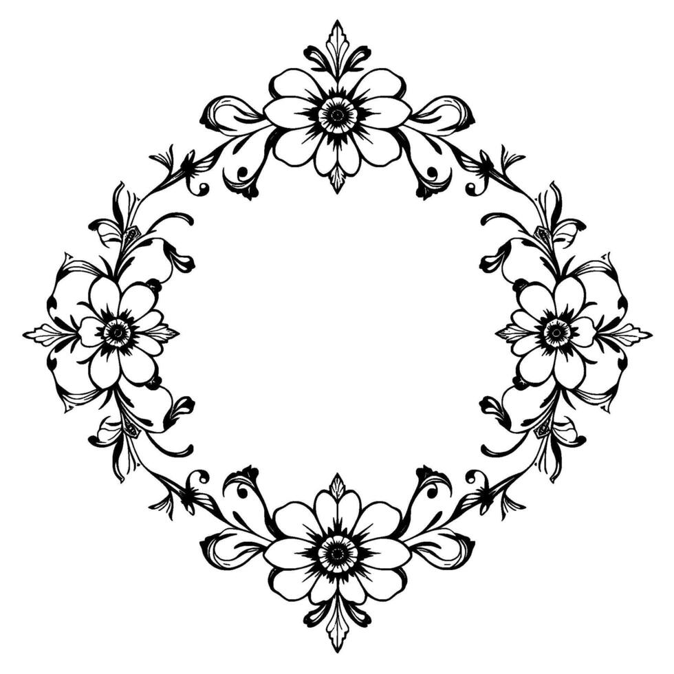 elegant black and white floral frame with detailed botanical illustrations, ideal for decorative borders and designs. vector