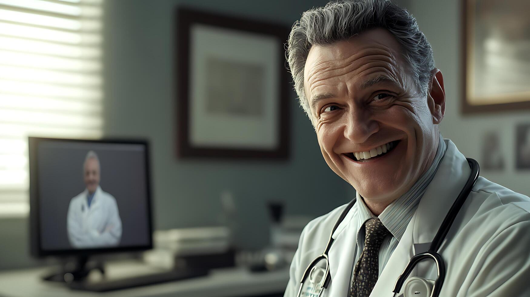 Smiling doctor in white coat with stethoscope indoor setting warm lighting another doctor visible on computer screen photo