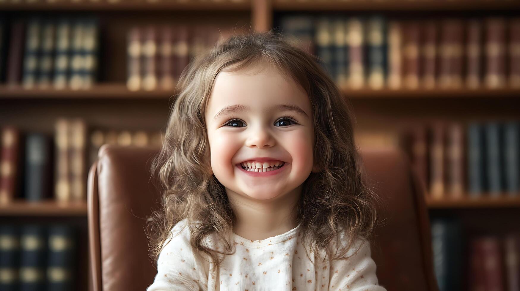 Smiling child portrait in library setting with warm lighting books and cozy atmosphere Joyful child in a warm inviting space photo