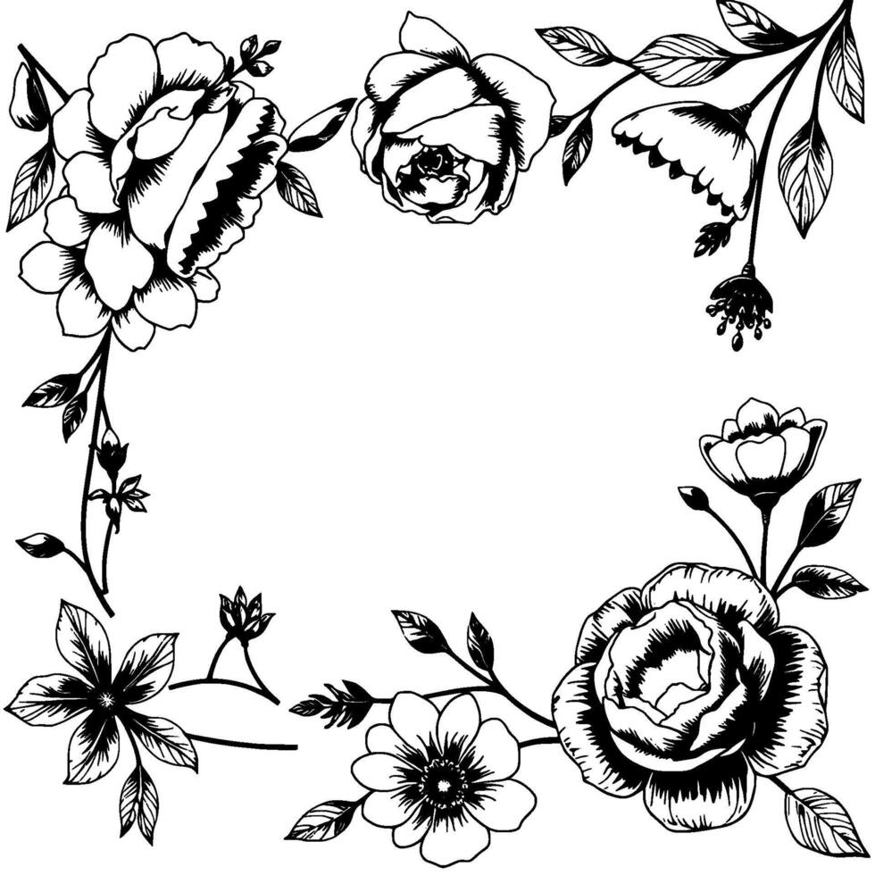 black and white floral border with varied blossoms, leaves and buds, in a decorative, elegant, and stylized illustration for . vector