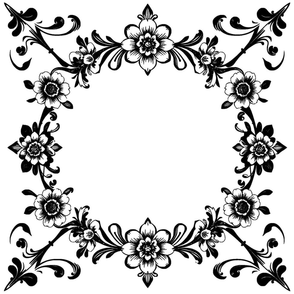 elegant black and white floral frame featuring detailed stylized blossoms and ornate swirls with a central empty circle space vector