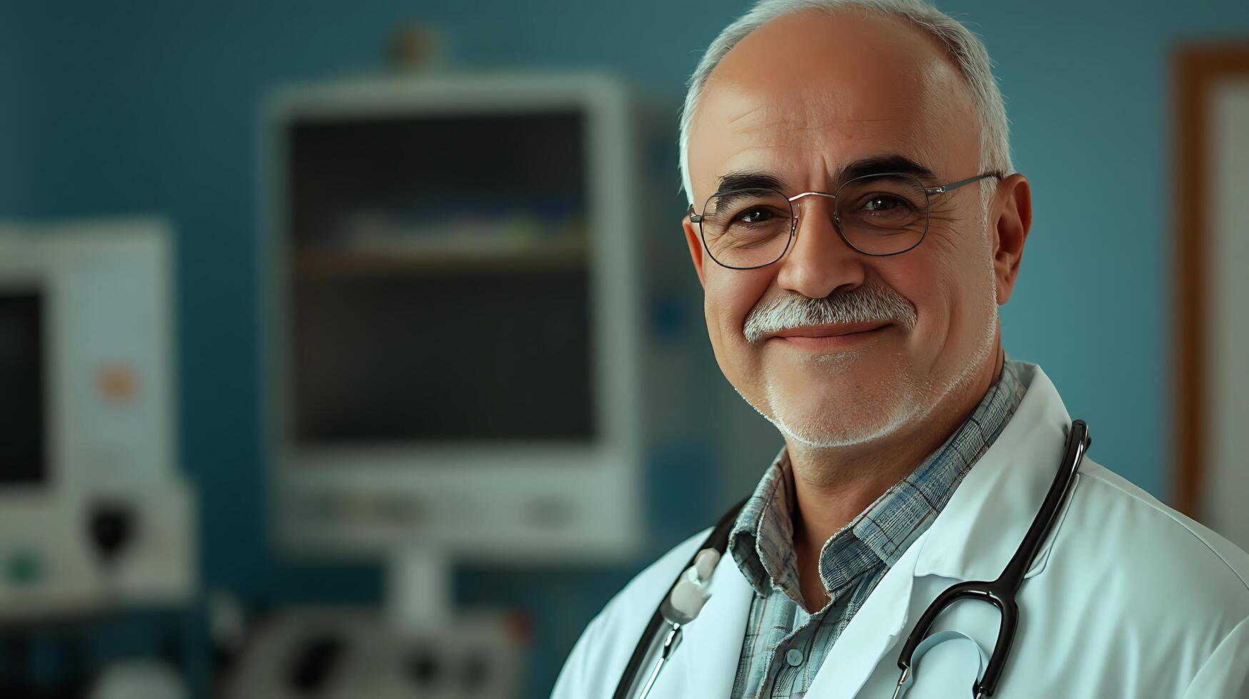 Smiling doctor in a hospital setting Physician looks directly forward wearing eyeglasses and a white coat with a stethoscope photo