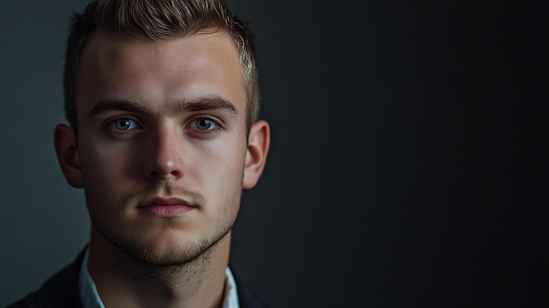 Close-up of a handsome young man with light hair and striking blue eyes looking directly at the camera in a studio setting photo