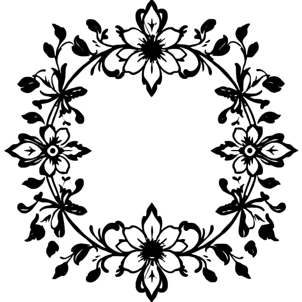 elegant black and white floral wreath symmetrical arrangement of stylized flowers, leaves, and vines framing empty center space. vector