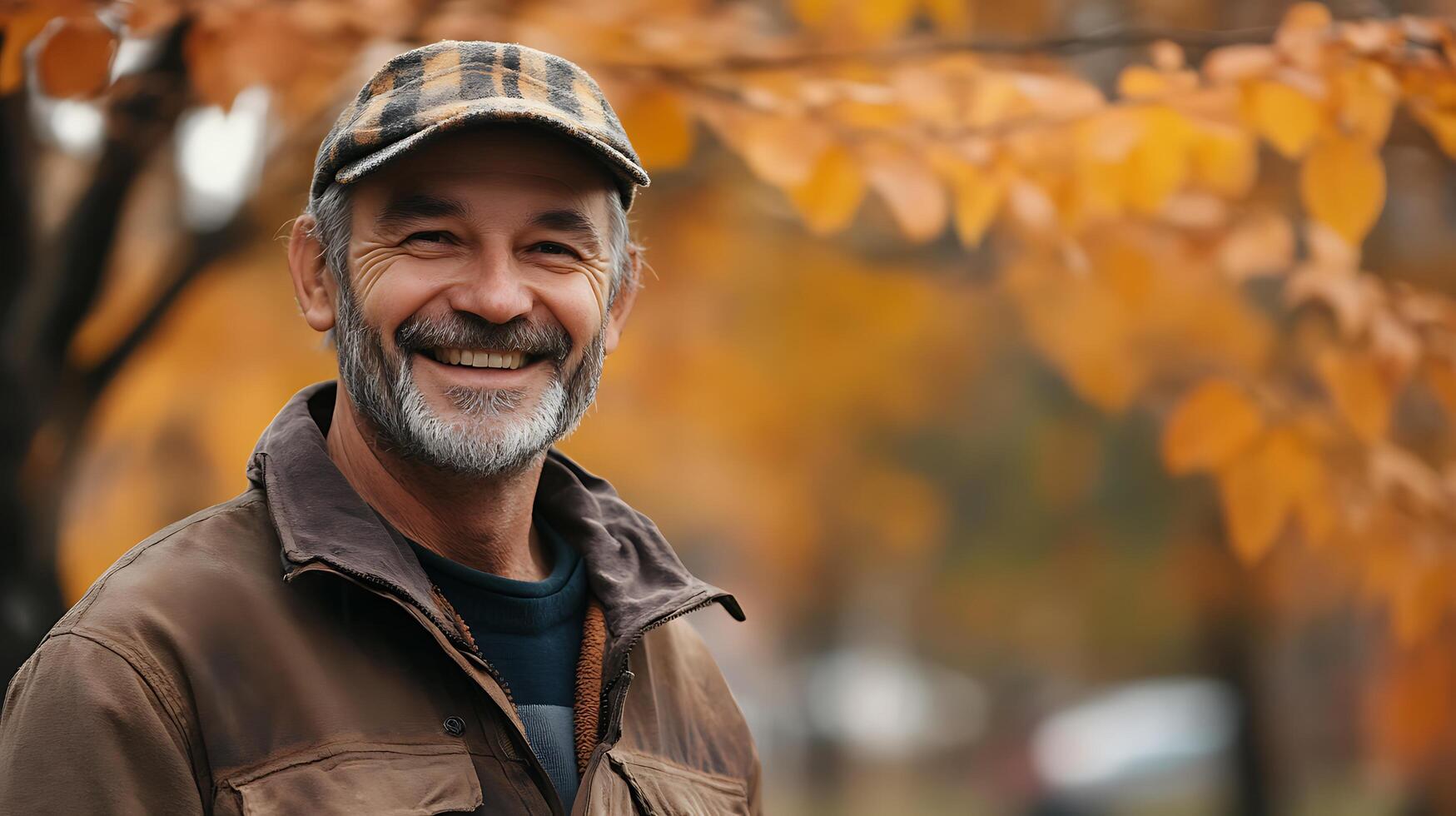 Smiling mature man in a cap outdoors enjoying the autumn season with vibrant foliage creating a warm inviting scene photo