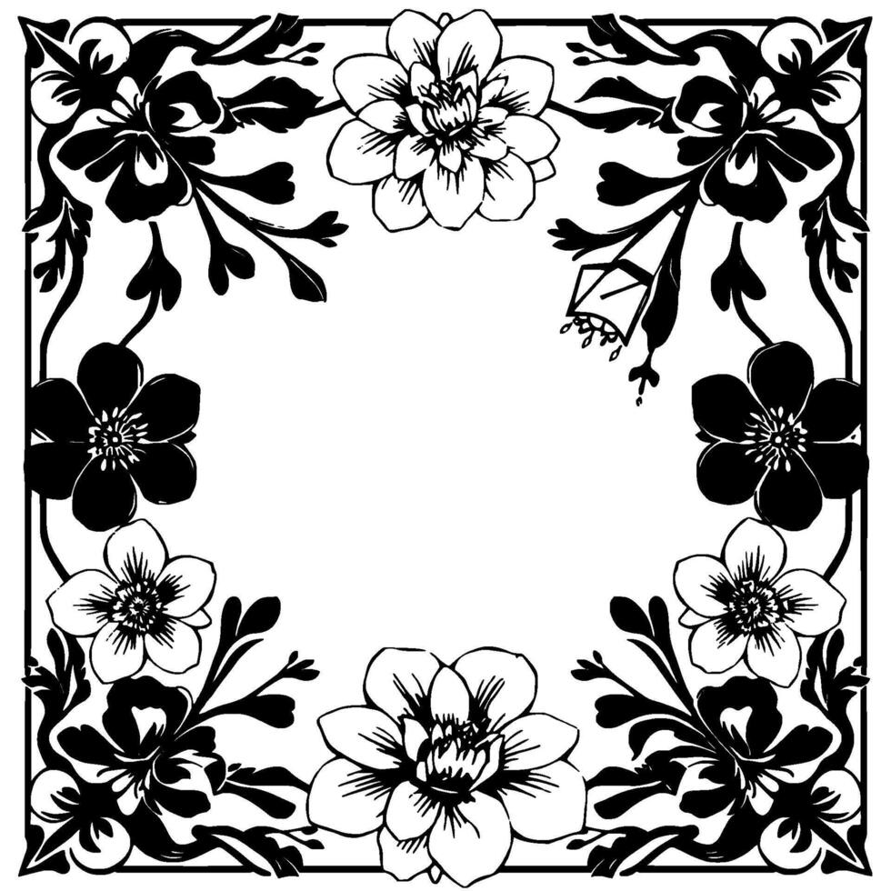 monochromatic floral frame stylized black and white botanical with detailed blossom illustrations bordering a central white space. vector