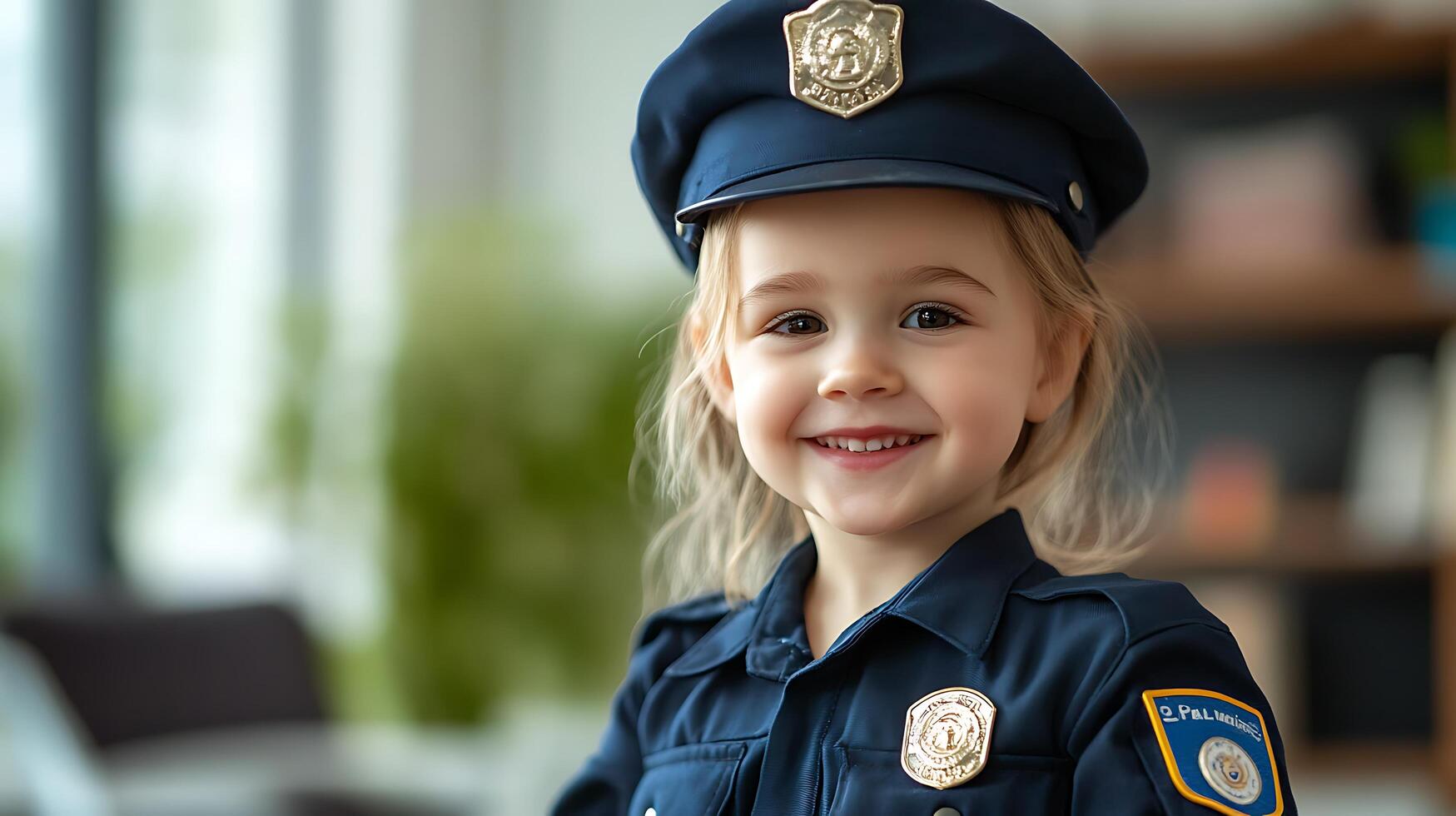 Adorable child smiles dressed up in a police uniform complete with hat and badge creating a heartwarming and playful portrait photo