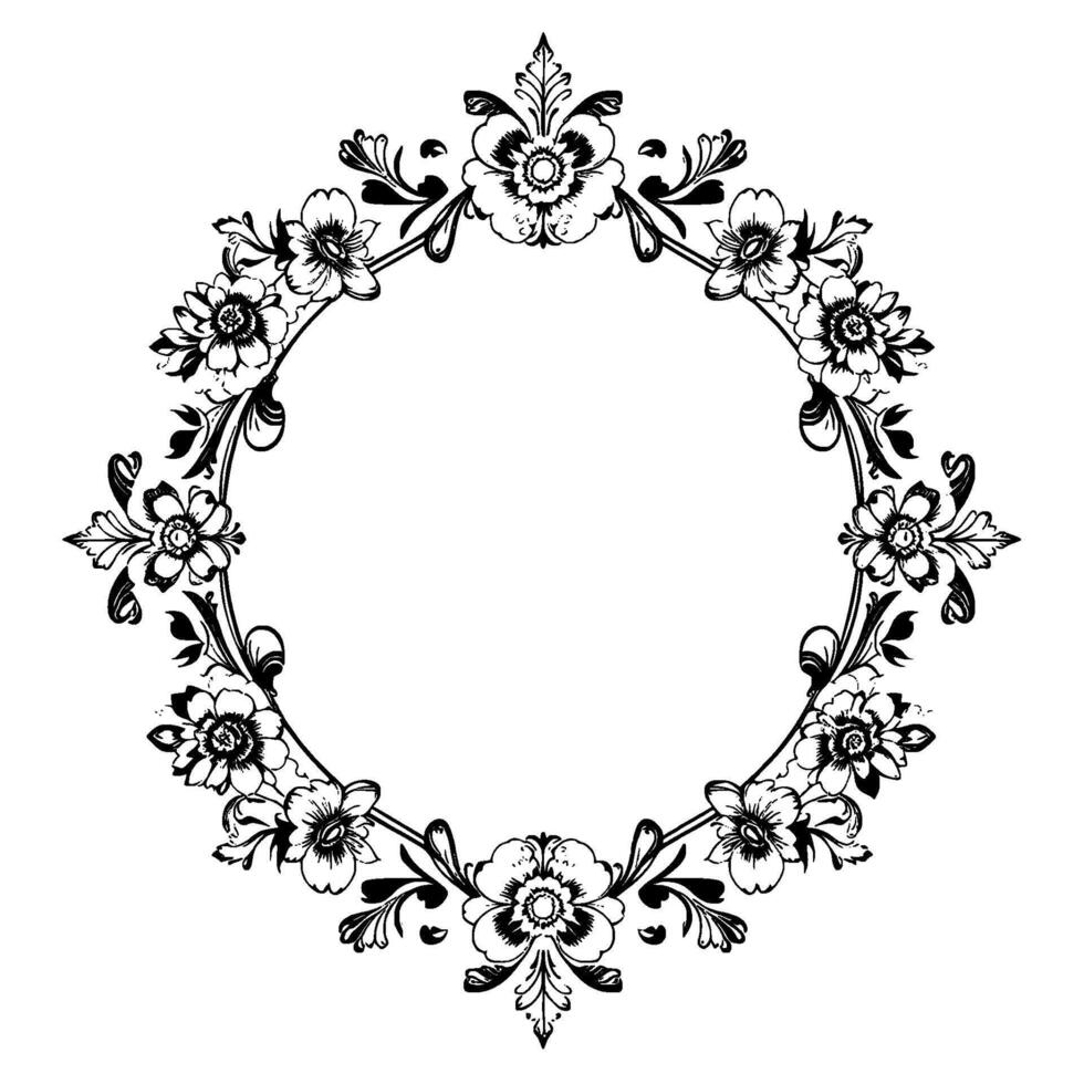 intricate black and white floral wreath illustration, featuring detailed flower blossoms and stylized leaf elements, arranged in a symmetrical circular pattern on a white background. vector