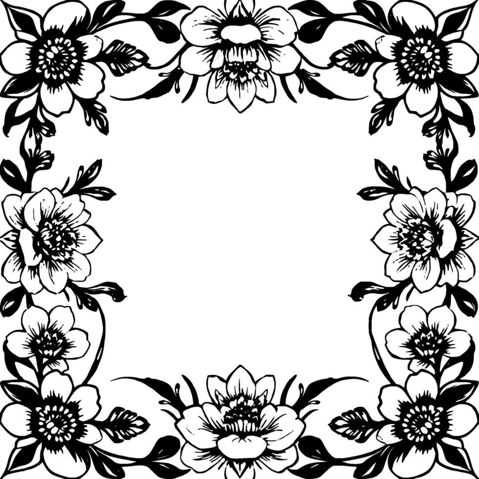intricate black and white floral border a symmetrically arranged frame of stylized flowers and leaves. vector