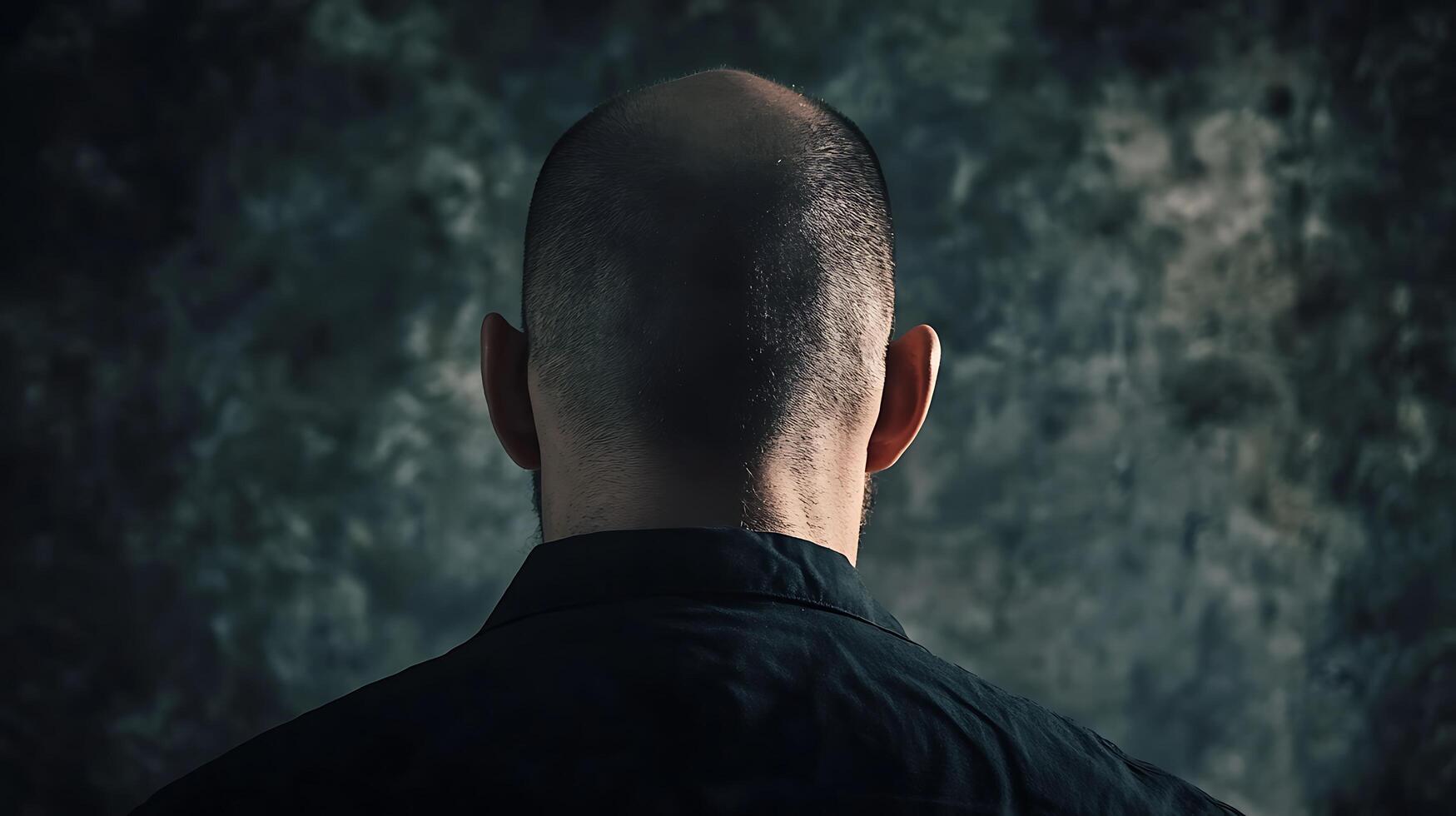 Rear view of a bald-headed man in a dark shirt standing against a dark textured background creating a sense of mystery and contemplation photo