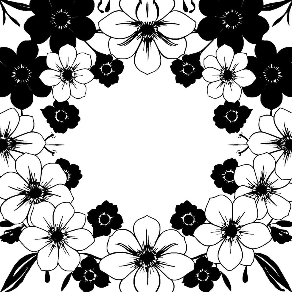 symmetrical black and white floral arrangement forming a frame, featuring stylized blossoms and a minimalist aesthetic. vector